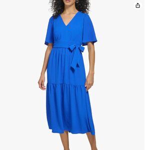 DKNY Short Sleeved  Blue Tiered Midi Dress Belted